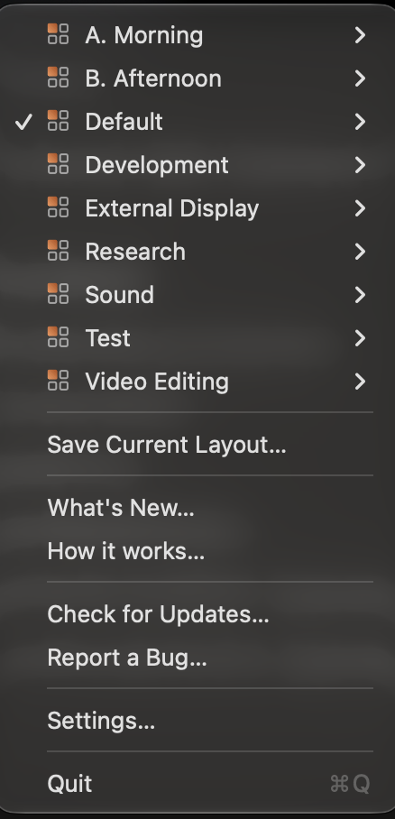 Workspaces menu bar dropdown showing the list of saved profiles