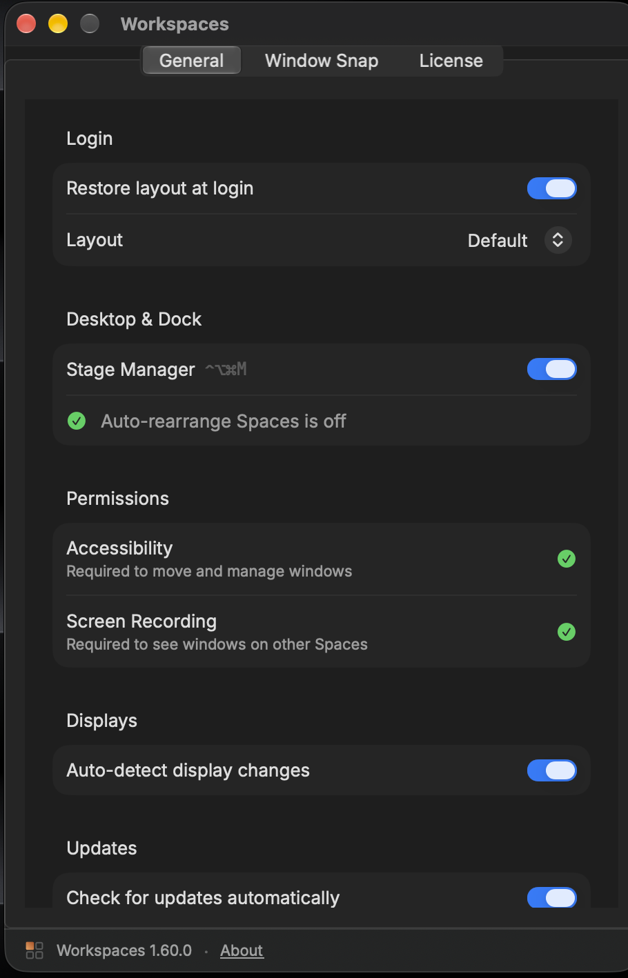Workspaces Settings window, General tab, showing login restore and permissions