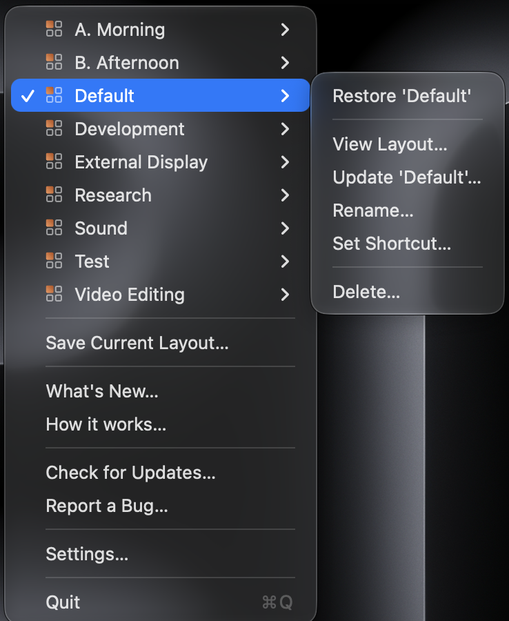 Workspaces profile view showing Restore, View Layout, Update, Rename, Set Shortcut and Delete