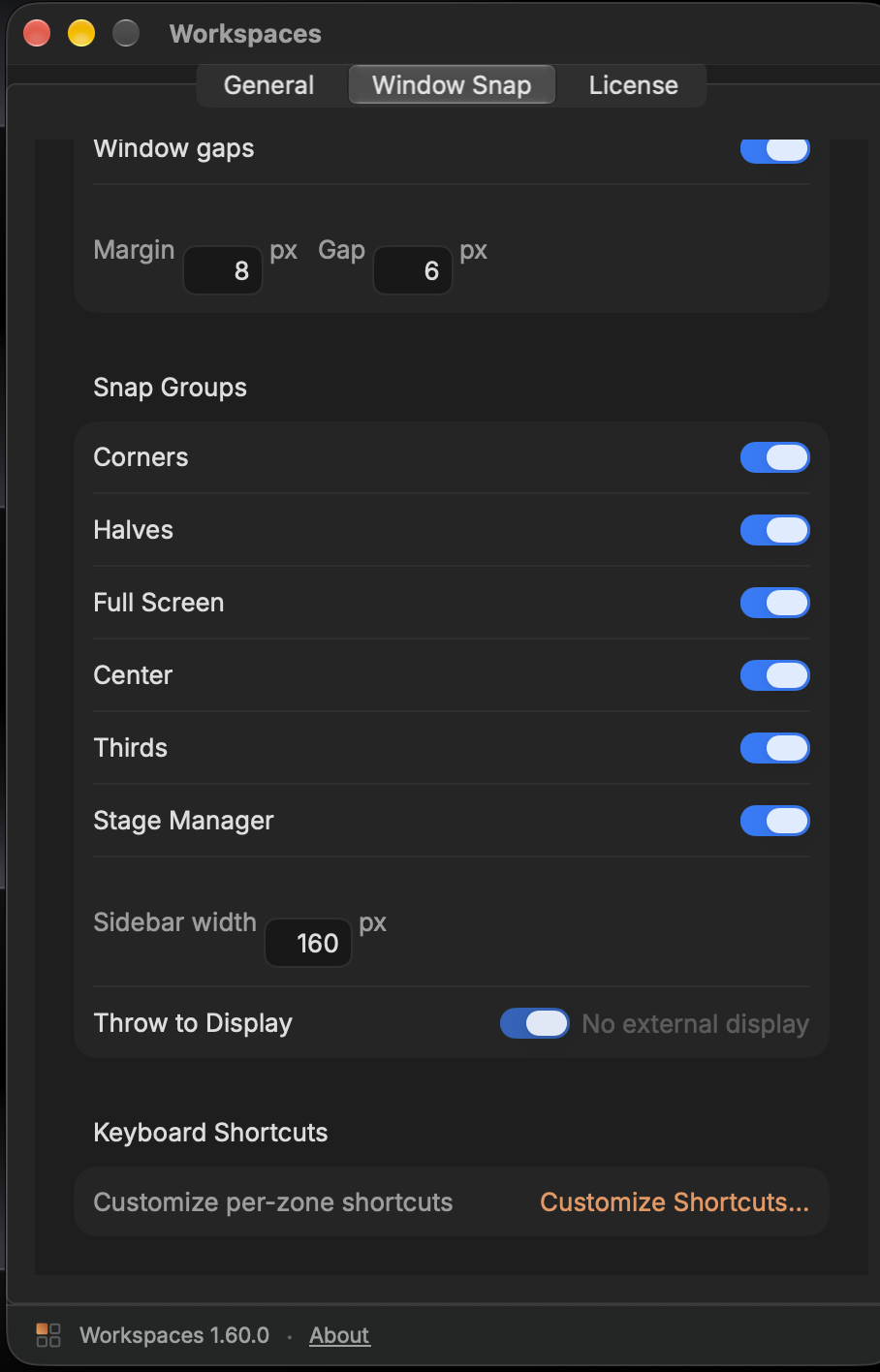 Workspaces Settings window, Window Snap tab, showing snap zones and keyboard shortcuts
