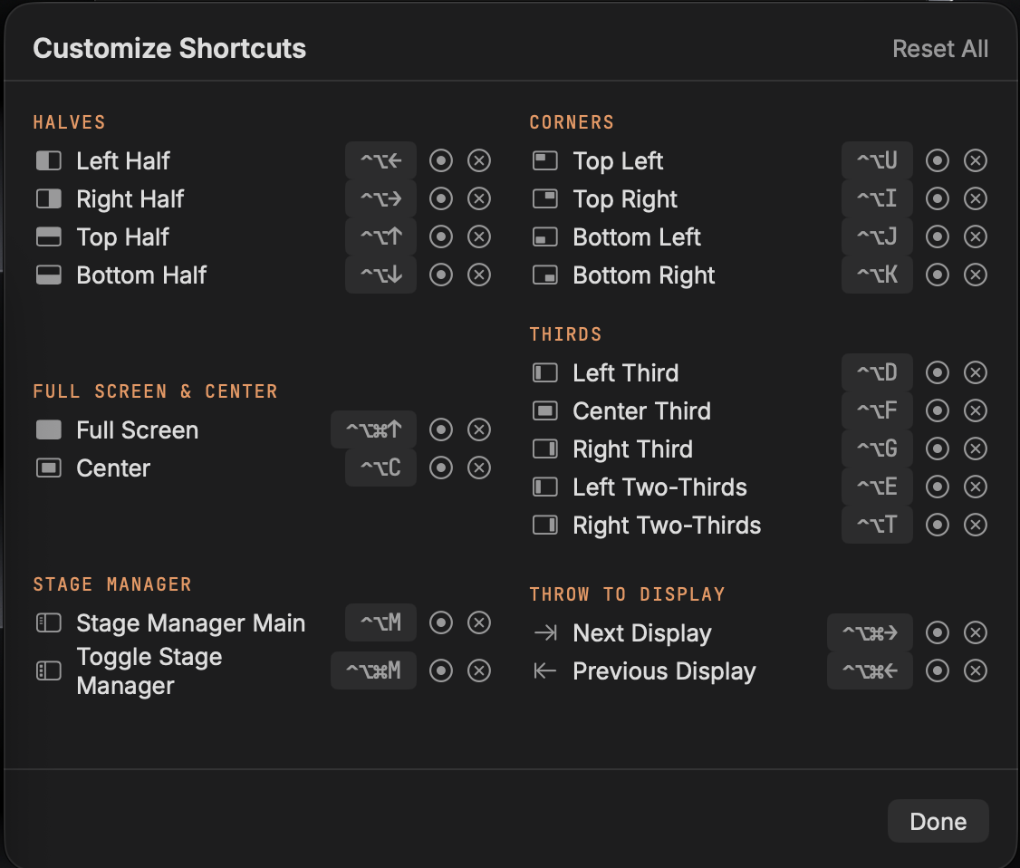 Workspaces Customize Shortcuts window showing keyboard shortcuts for every snap zone