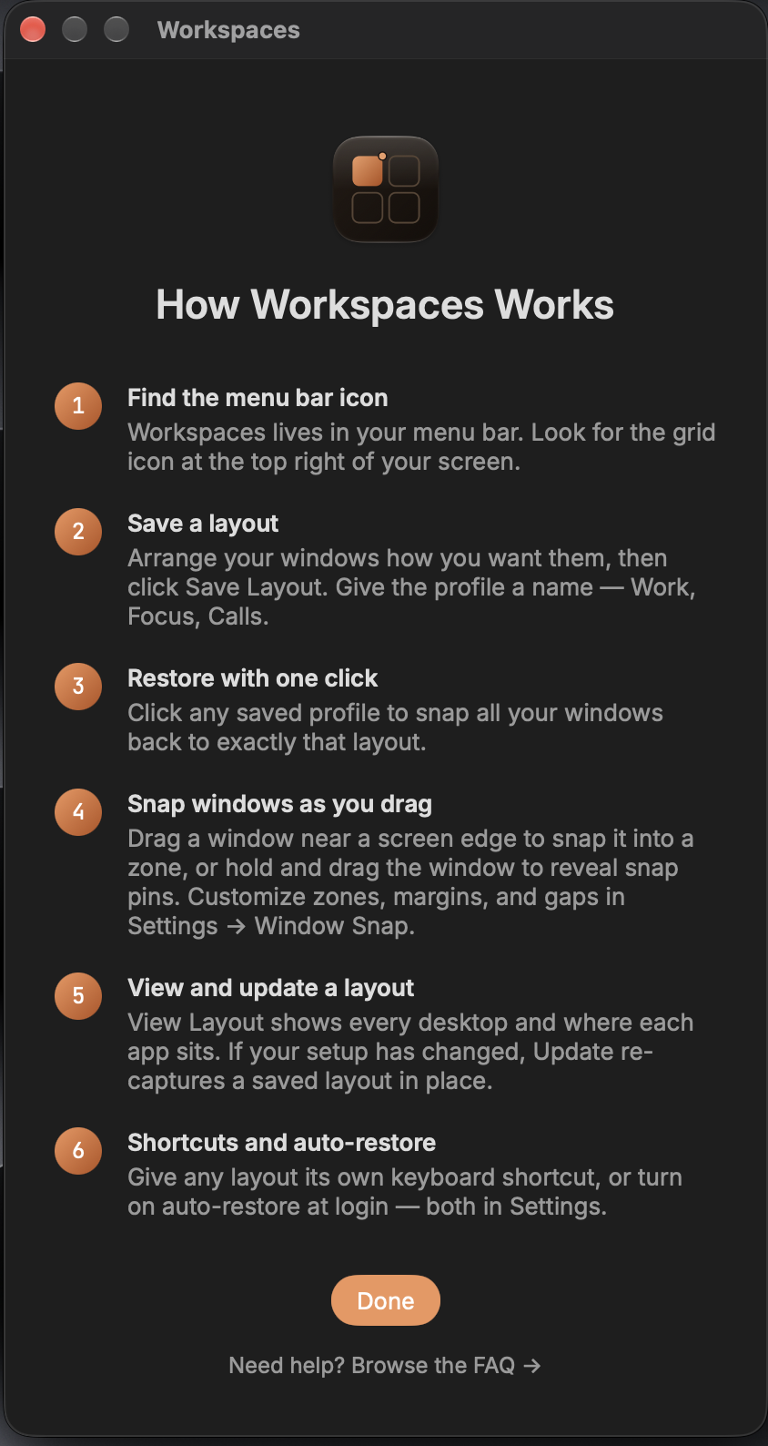 Workspaces in-app How It Works guide showing the six core steps